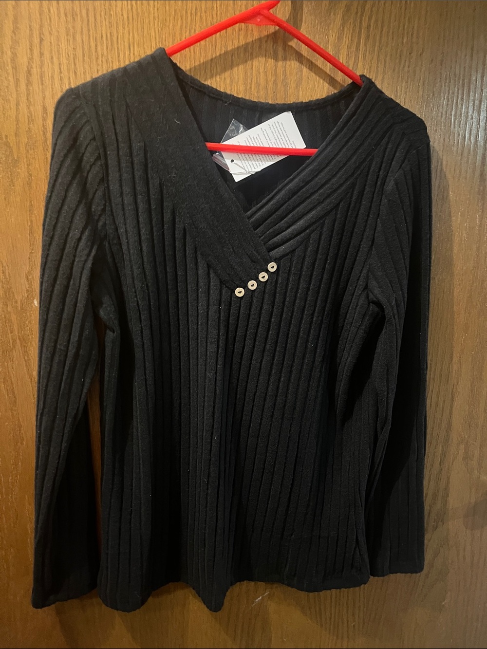 Black Ribbed V-Neck Sweater with Button Accent